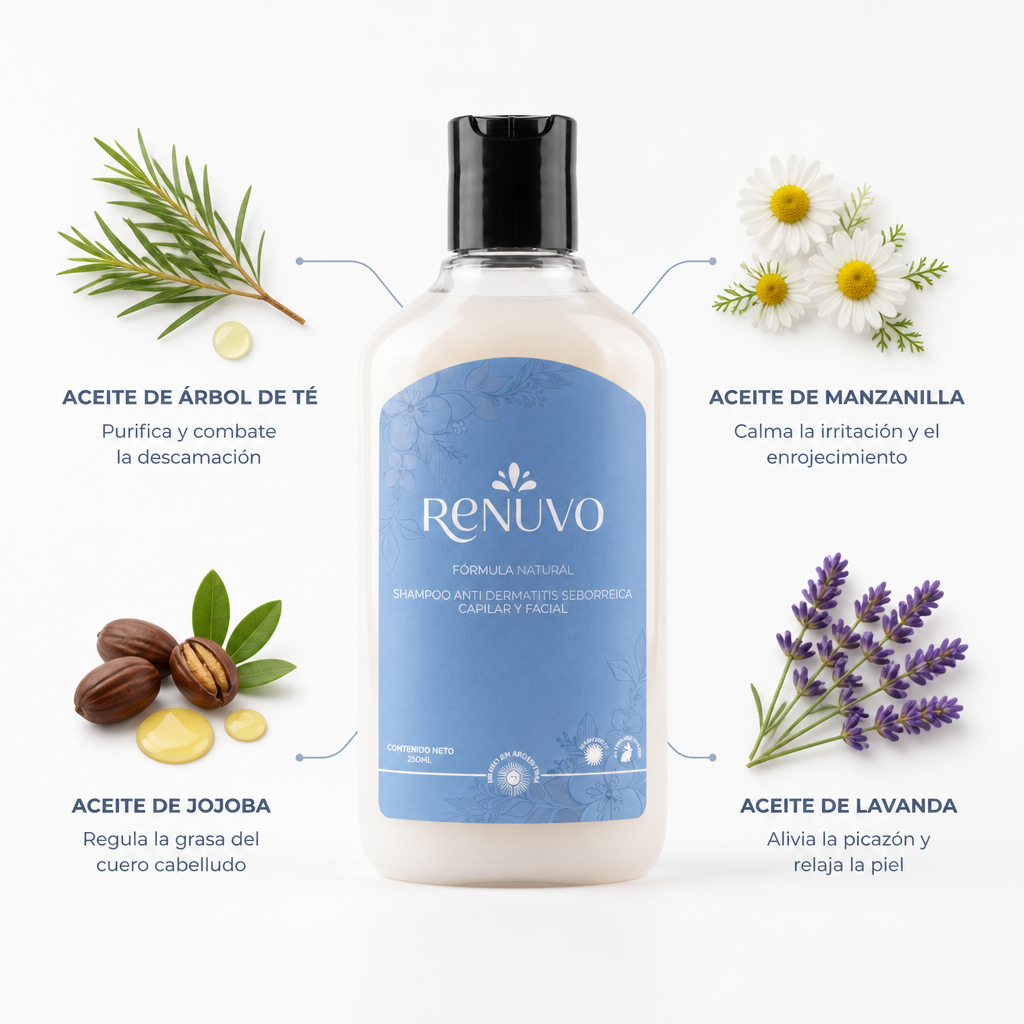 Shampoo RENUVO® Anti Seborrea y Psoriasis Capilar - Fórmula natural para Dermatitis Seborreica.